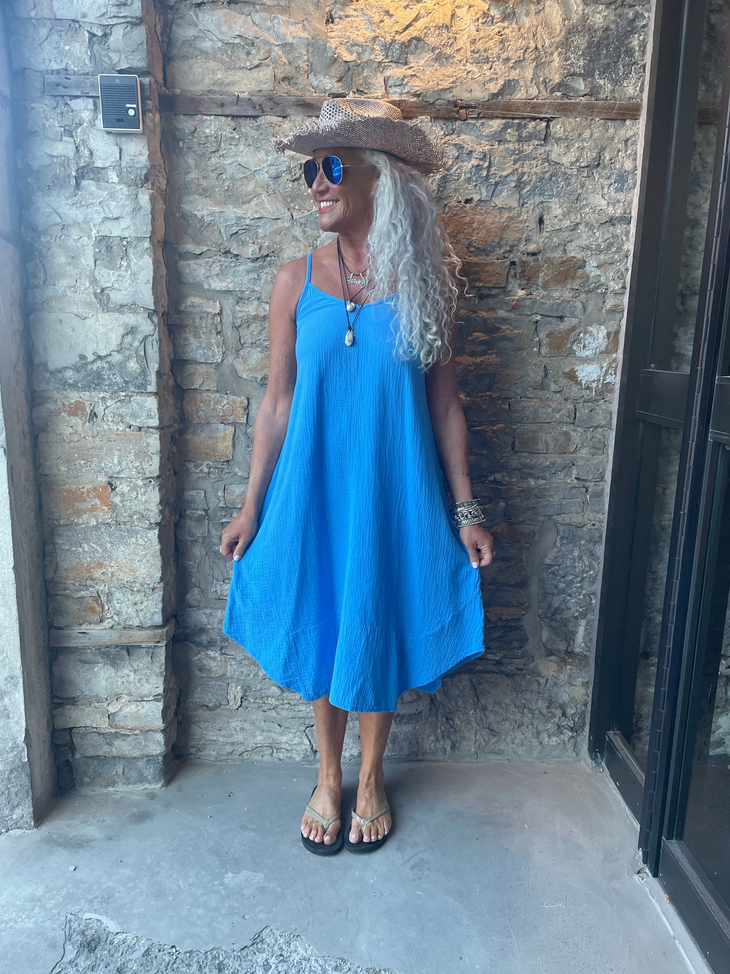 100% Cotton Gauze Spaghetti Strap Midi Dress - Turquoise Blue