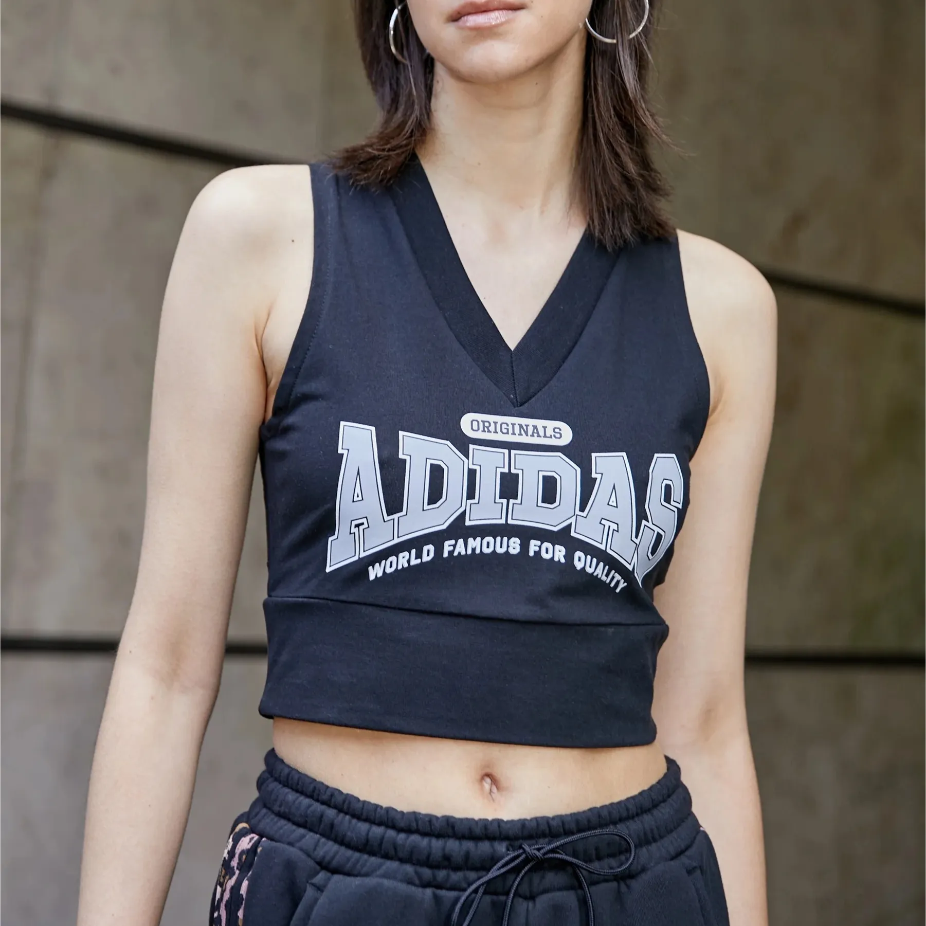 adidas  |V-Neck Plain Cotton Logo Cropped Tops Tanks & Camisoles