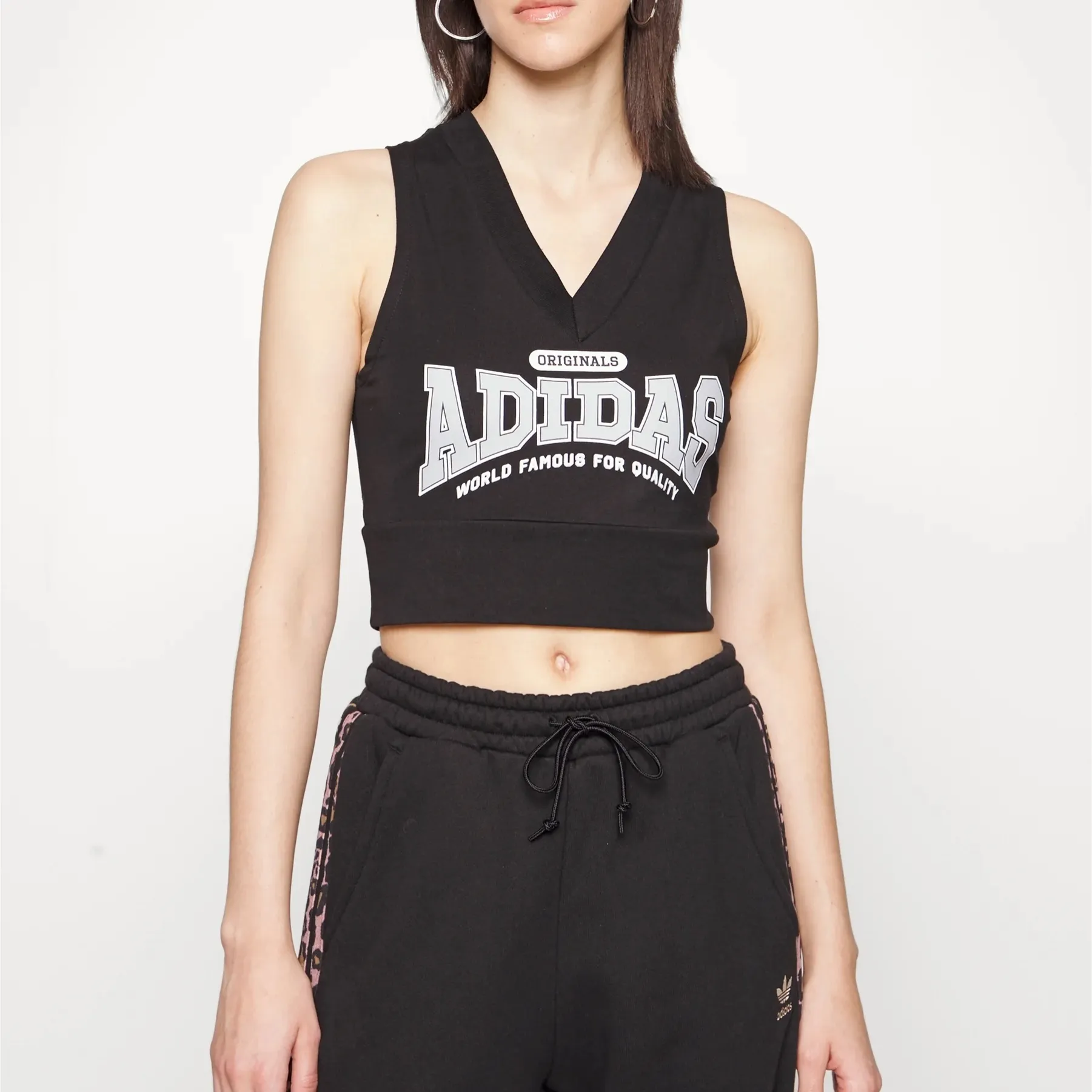 adidas  |V-Neck Plain Cotton Logo Cropped Tops Tanks & Camisoles