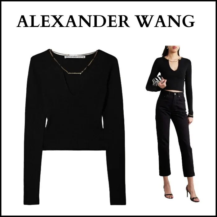 Alexander Wang  |Long Sleeves Logo Cropped Tops V-neck & Crew neck