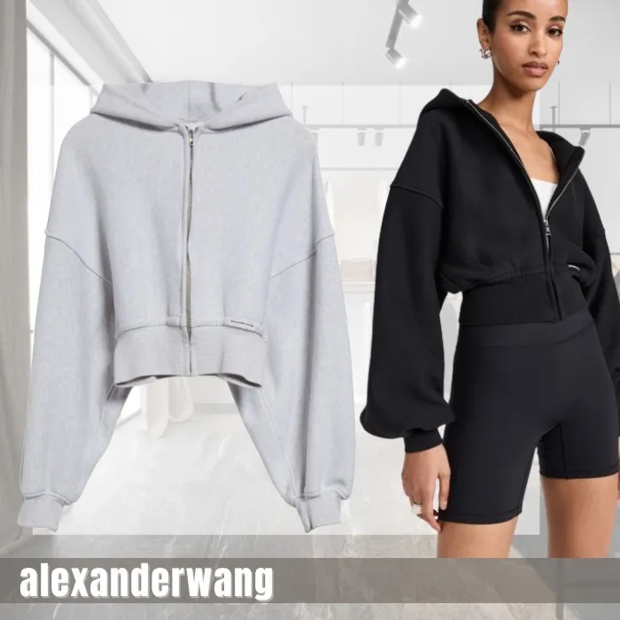 Alexander Wang  |Long Sleeves Plain Cotton Cropped Tops Hoodies & Sweatshirts