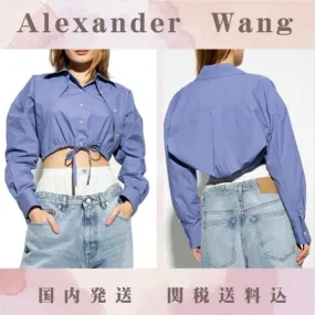 Alexander Wang  |Long Sleeves Plain Cotton Logo Cropped Tops Shirts & Blouses