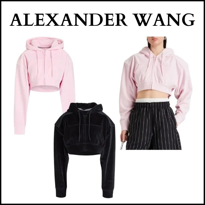 Alexander Wang  |Long Sleeves Plain Logo Cropped Tops Hoodies & Sweatshirts