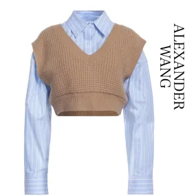 Alexander Wang  |Stripes Wool Nylon Long Sleeves Cotton Cropped Tops