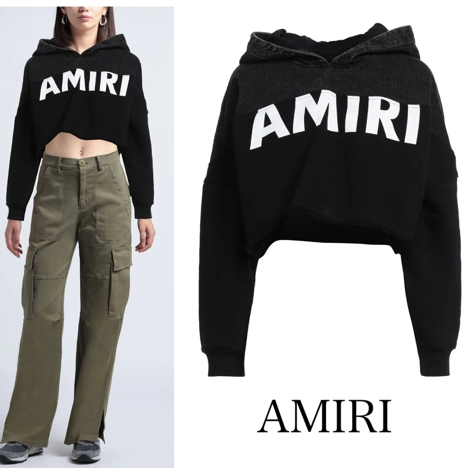 AMIRI  |Denim Long Sleeves Plain Cotton Logo Cropped Tops