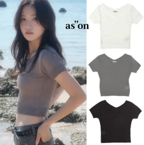 ason  |Short Sleeves Logo Cropped Tops V-neck & Crew neck