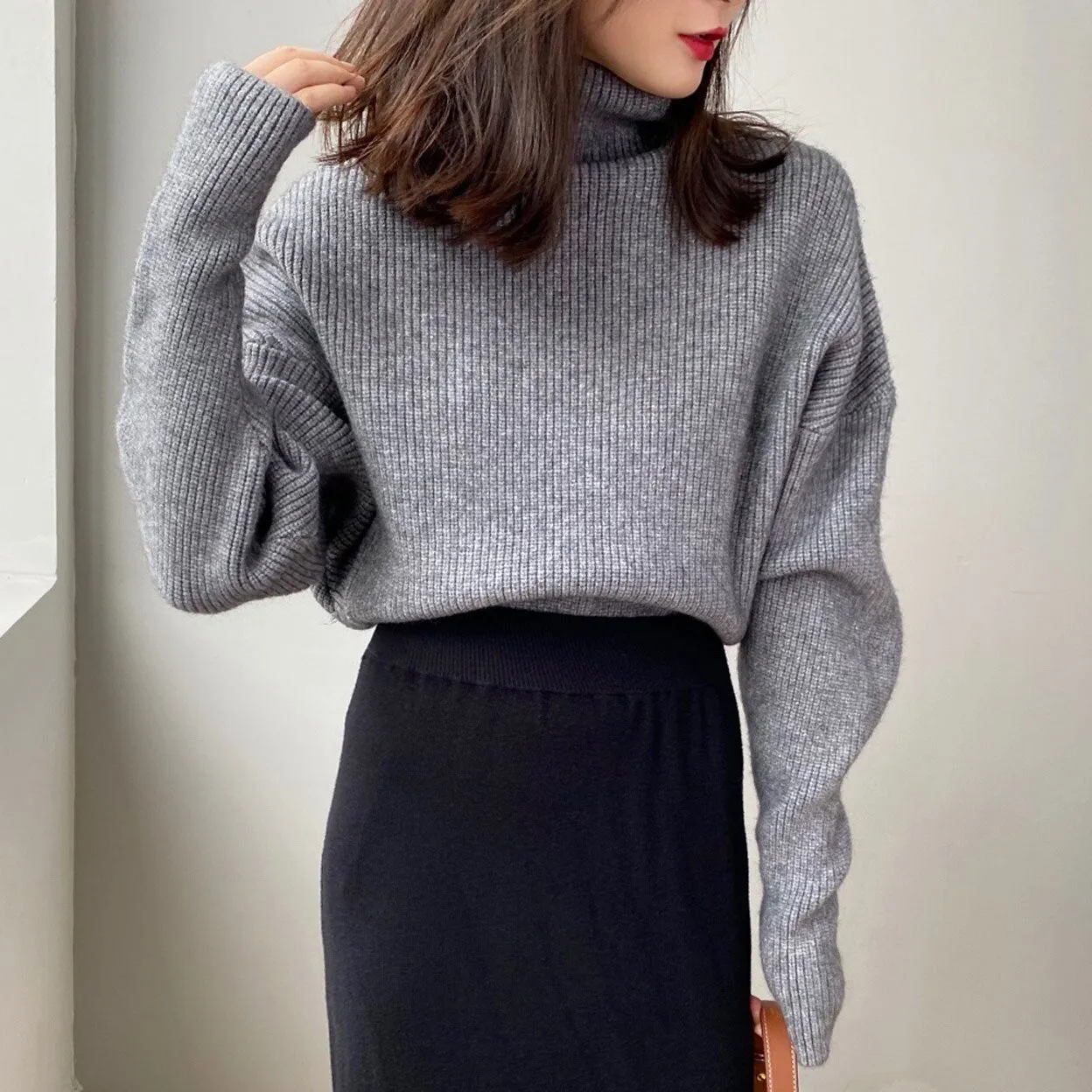 Autumn Women Pullovers Turtleneck Long Sleeve Loose Sweater Cropped Tops Pull Outwear