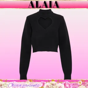 Azzedine Alaia  |Wool Long Sleeves Plain High-Neck Cropped Tops