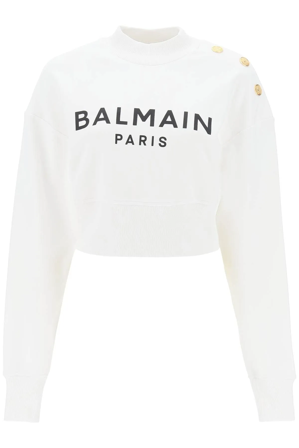 BALMAIN  |Long Sleeves Cotton Logo Cropped Tops Hoodies & Sweatshirts