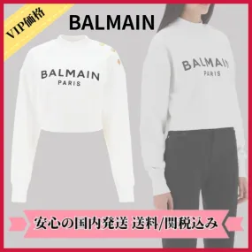 BALMAIN  |Long Sleeves Cotton Logo Cropped Tops Hoodies & Sweatshirts