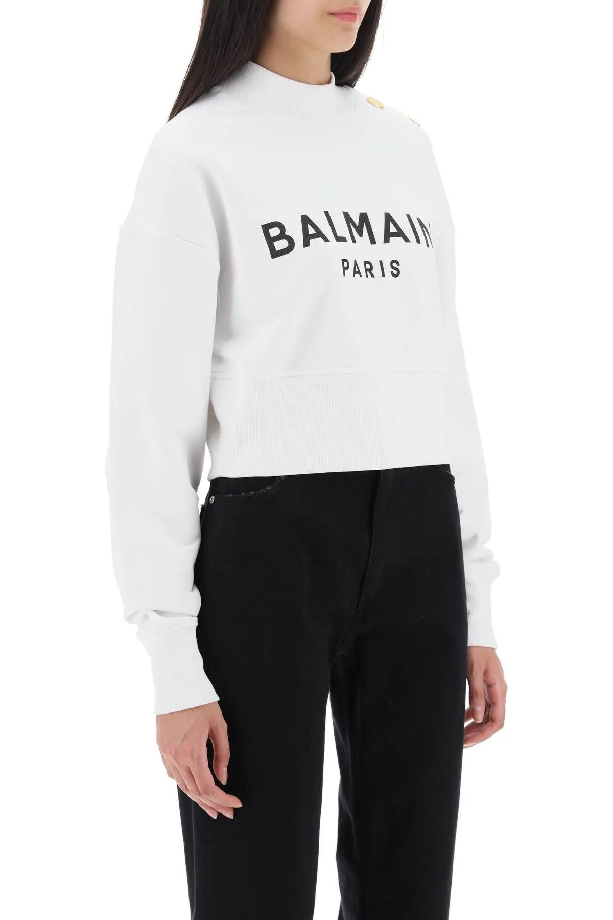 BALMAIN  |Long Sleeves Cotton Logo Cropped Tops Hoodies & Sweatshirts