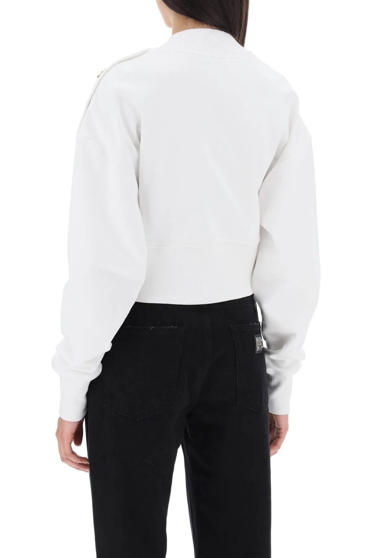 BALMAIN  |Long Sleeves Cotton Logo Cropped Tops Hoodies & Sweatshirts