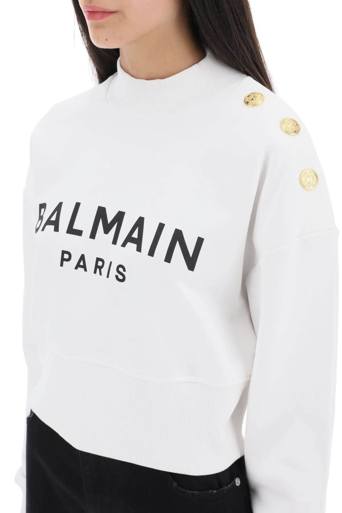 BALMAIN  |Long Sleeves Cotton Logo Cropped Tops Hoodies & Sweatshirts