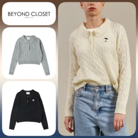 beyond closet  |Long Sleeves Cropped Tops V-neck & Crew neck