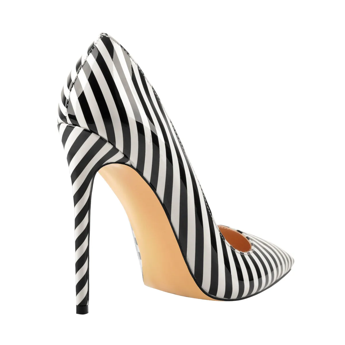 Black White Stripes Pointed Toe High Heel Pumps