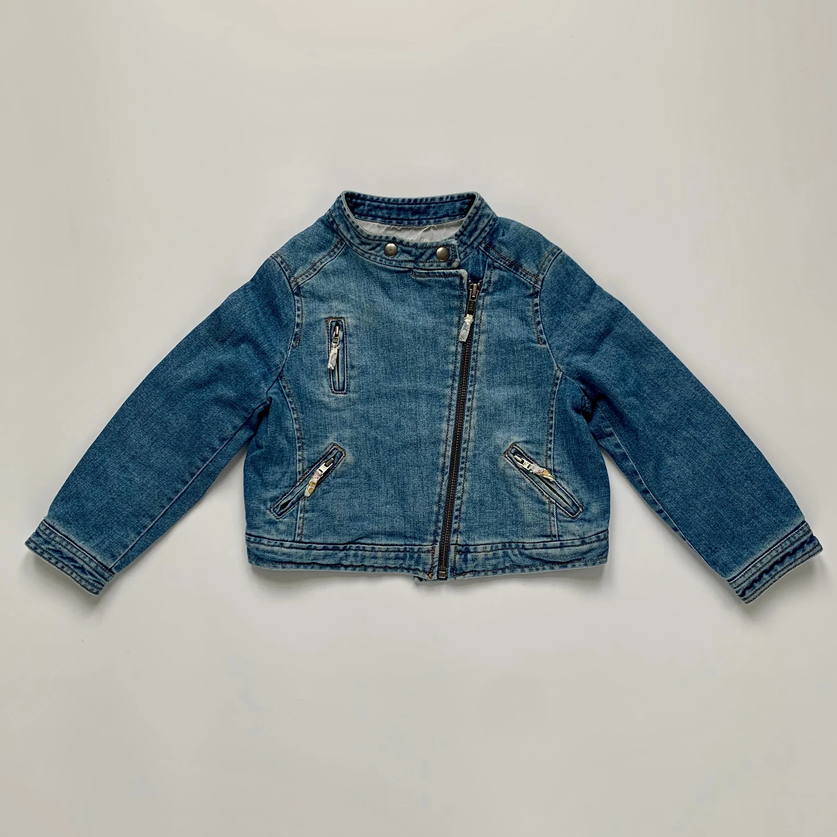 Bonpoint Distressed Denim Moto Jacket With Liberty Print Trim: 3 Years