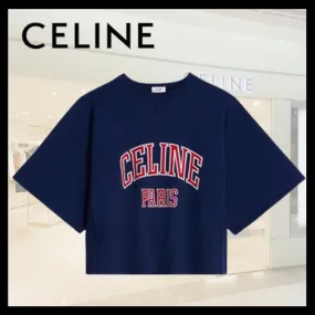 CELINE  |Crew Neck Plain Cotton Short Sleeves Logo Cropped Tops