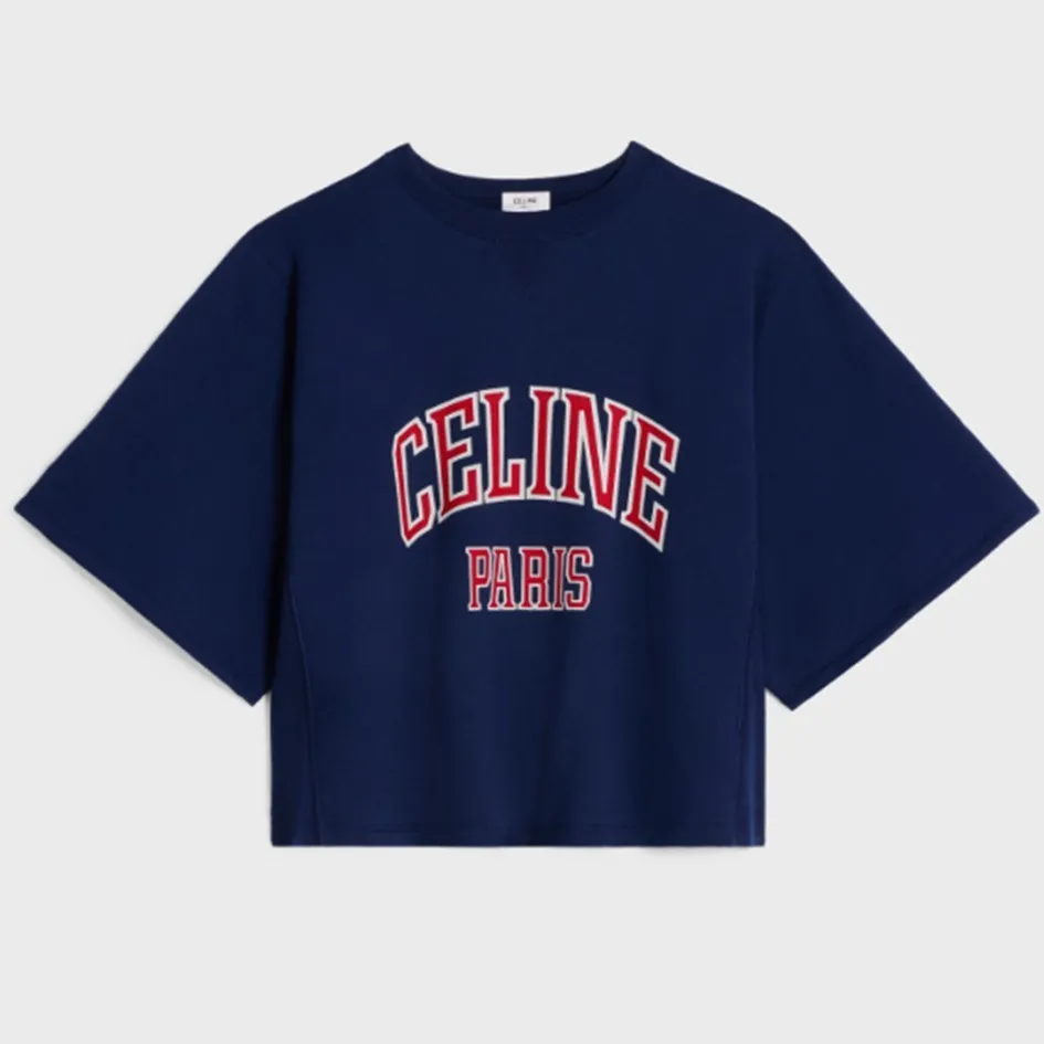 CELINE  |Crew Neck Plain Cotton Short Sleeves Logo Cropped Tops