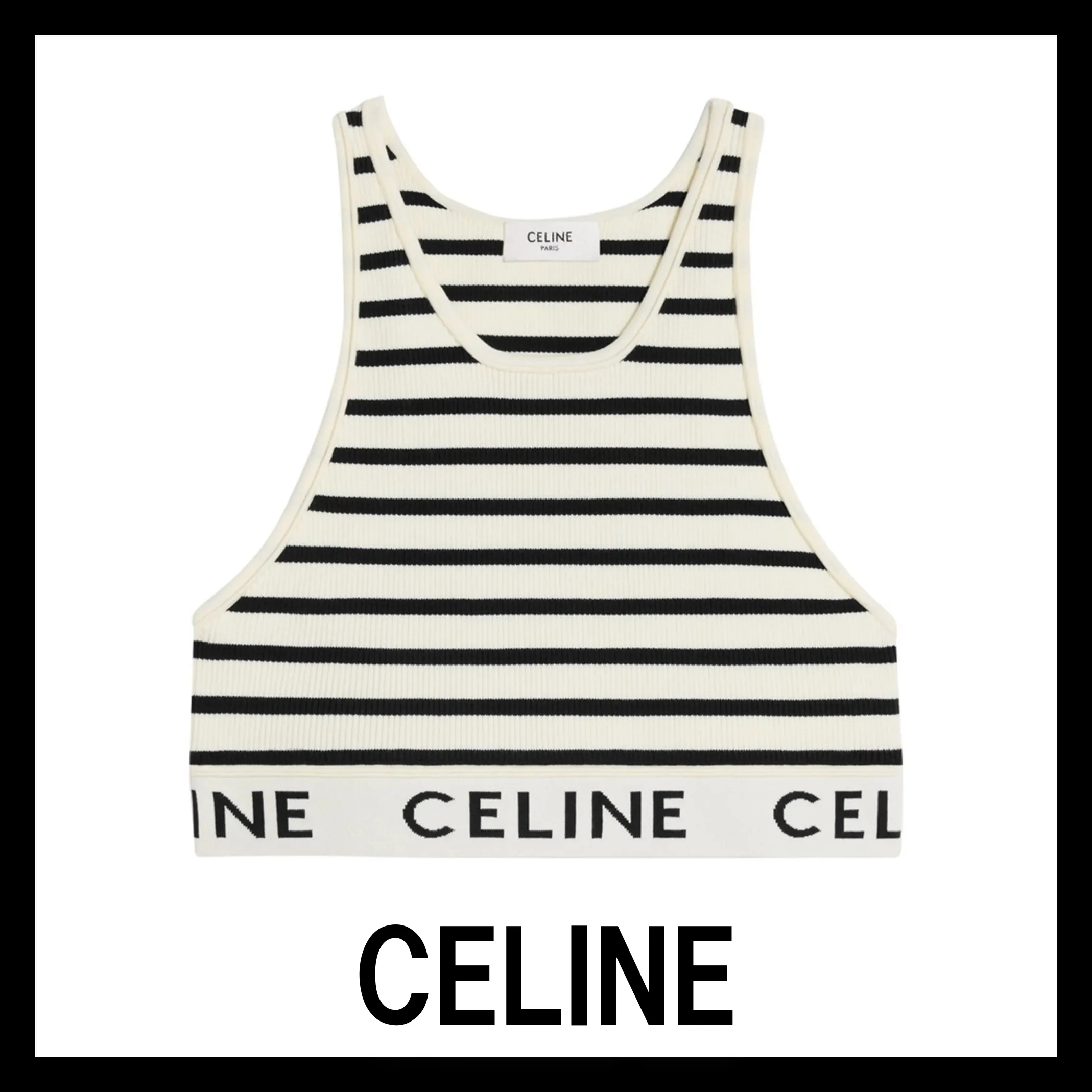 CELINE  |Crew Neck Stripes Cotton Logo Cropped Tops Tanks & Camisoles