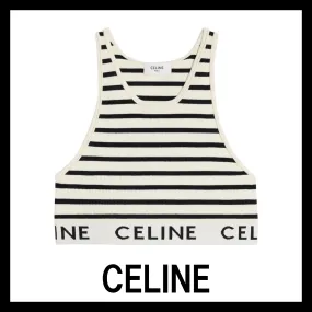 CELINE  |Crew Neck Stripes Cotton Logo Cropped Tops Tanks & Camisoles