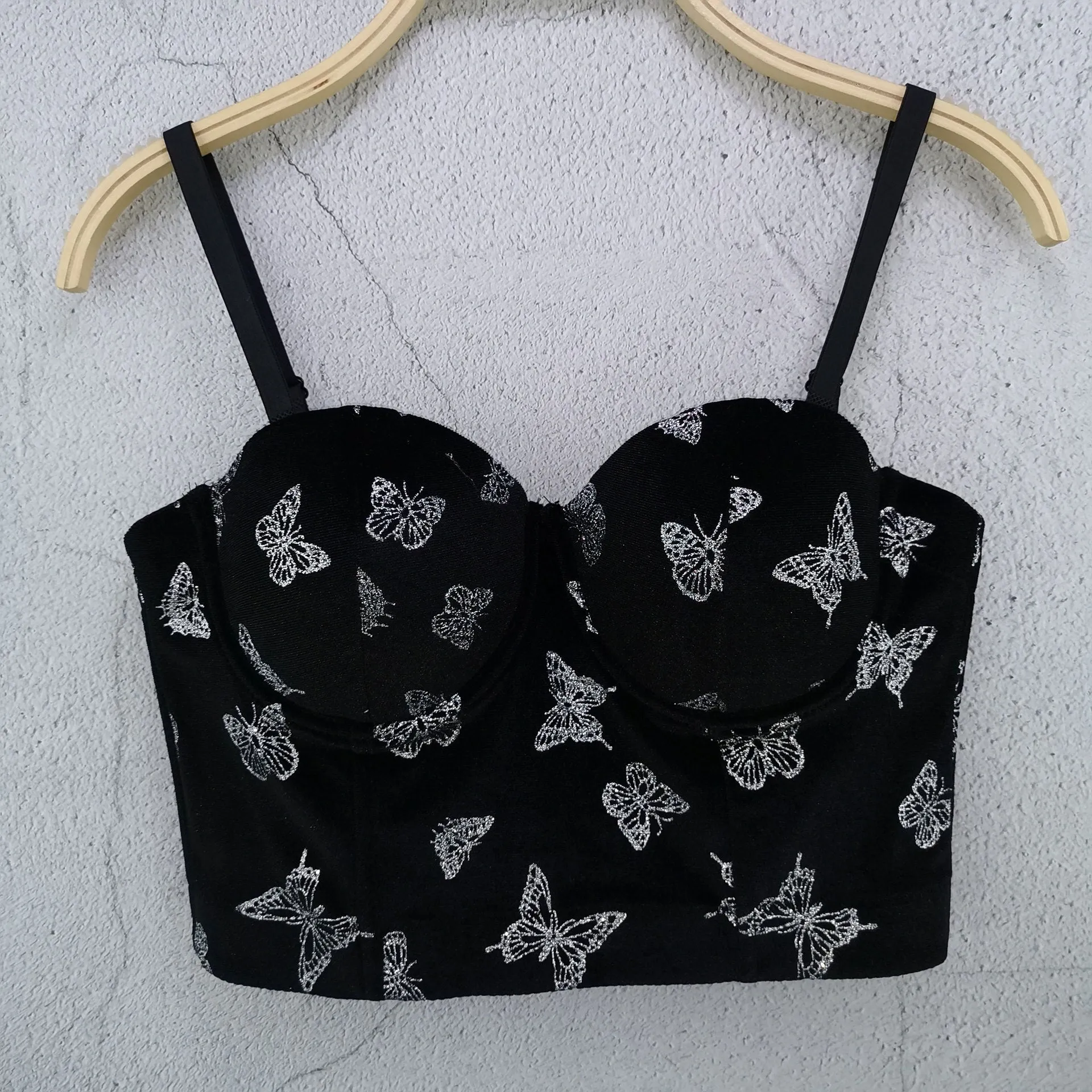 Corduroy Solid Embroider Butterfly Crop Top To Wear Out Autumn Corset Tops Women Bra Push Up Bustier Female Tops