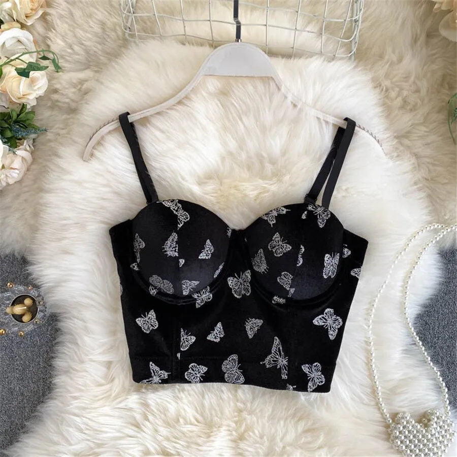 Corduroy Solid Embroider Butterfly Crop Top To Wear Out Autumn Corset Tops Women Bra Push Up Bustier Female Tops