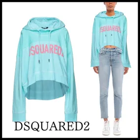 D SQUARED2  |Long Sleeves Cotton Logo Cropped Tops Hoodies & Sweatshirts