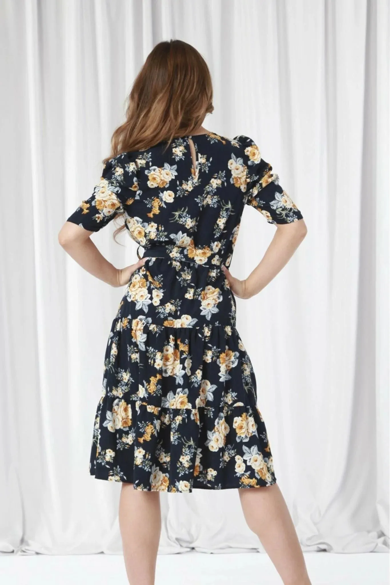 Double Second Navy Printed Puff Sleeve Wrap Dress