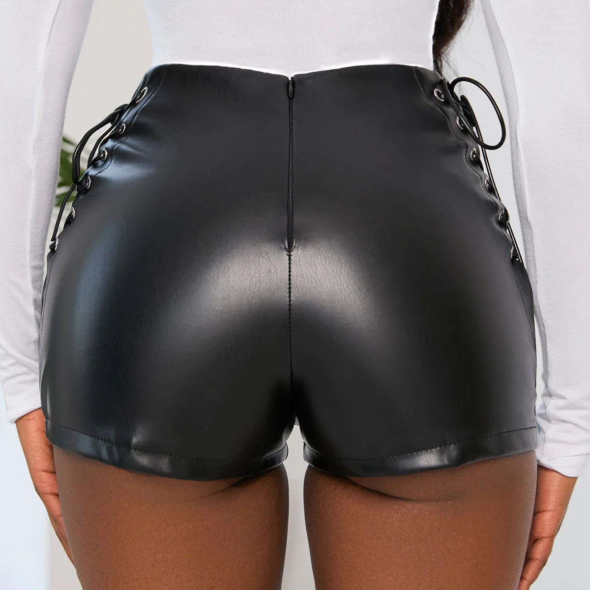 Echoine High-Waist PU Leather Shorts - Skinny Bodcon with Side Lace-Up Bandage Detailing for Sexy Party Club Look