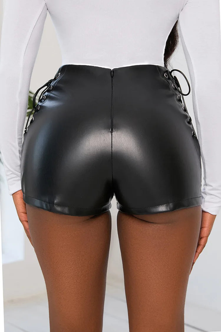 Echoine High-Waist PU Leather Shorts - Skinny Bodcon with Side Lace-Up Bandage Detailing for Sexy Party Club Look