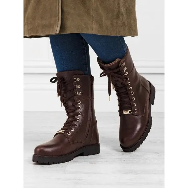 Fairfax & Favor Womens Anglesey Shearling Lined Combat Boot in Mahogany Leather