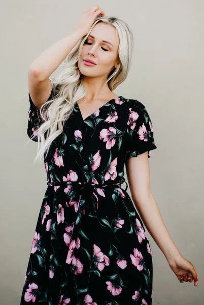 Faux Wrap Maxi Dress: Black Floral