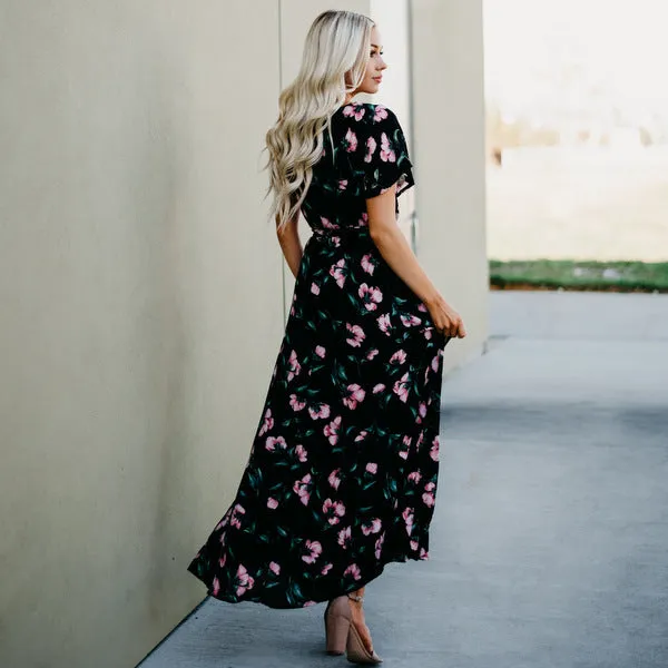 Faux Wrap Maxi Dress: Black Floral