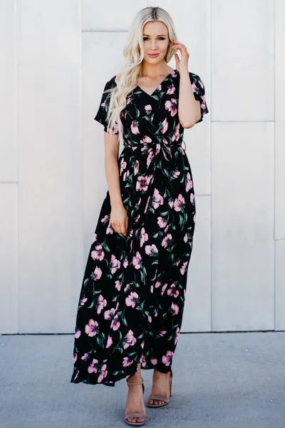 Faux Wrap Maxi Dress: Black Floral