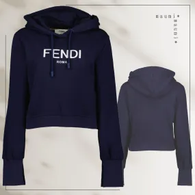 FENDI  |Long Sleeves Cotton Logo Cropped Tops Hoodies & Sweatshirts