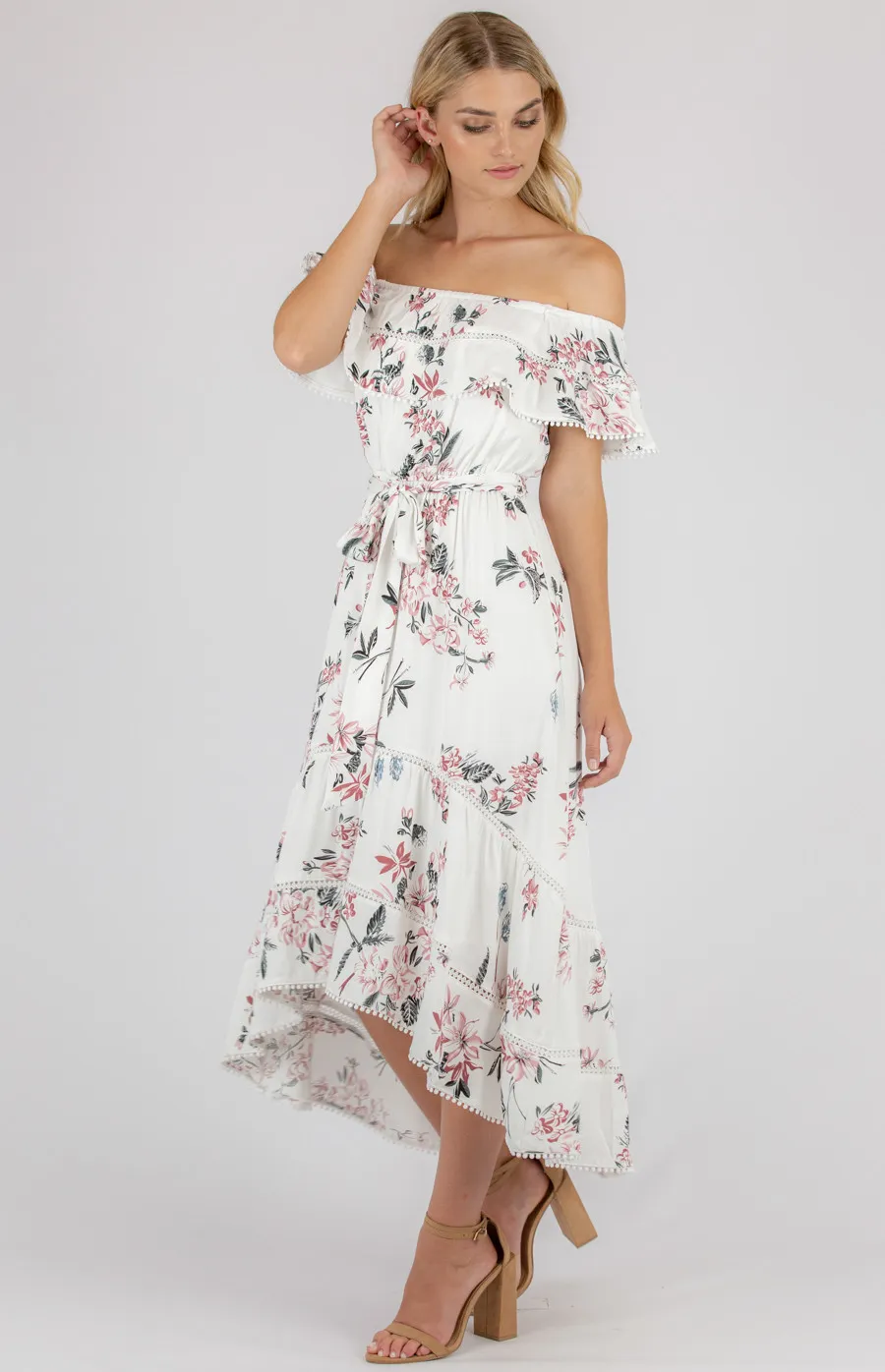 Floral Off the Shoulder Dress with Trim Details (SDR707B)