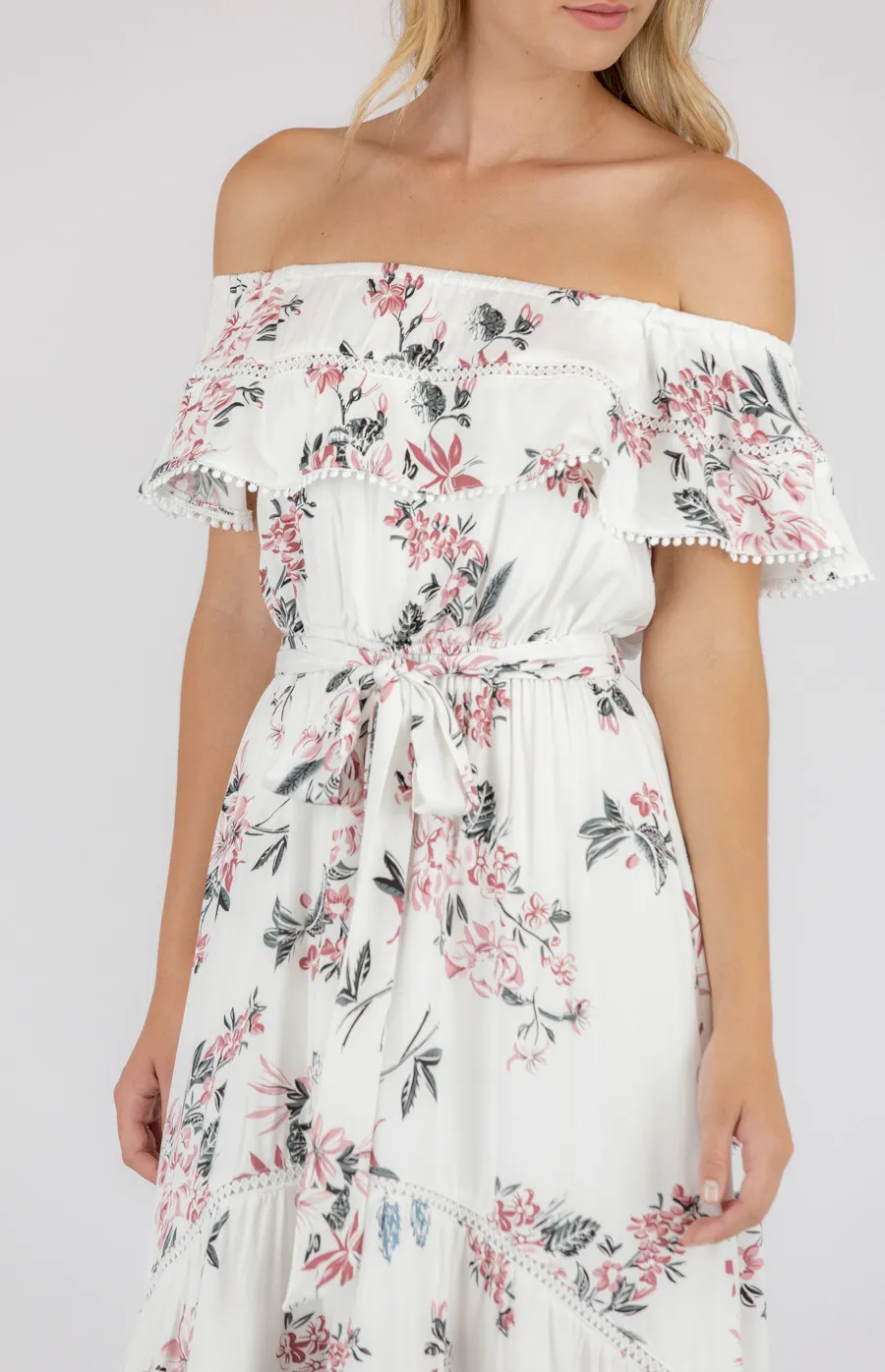 Floral Off the Shoulder Dress with Trim Details (SDR707B)