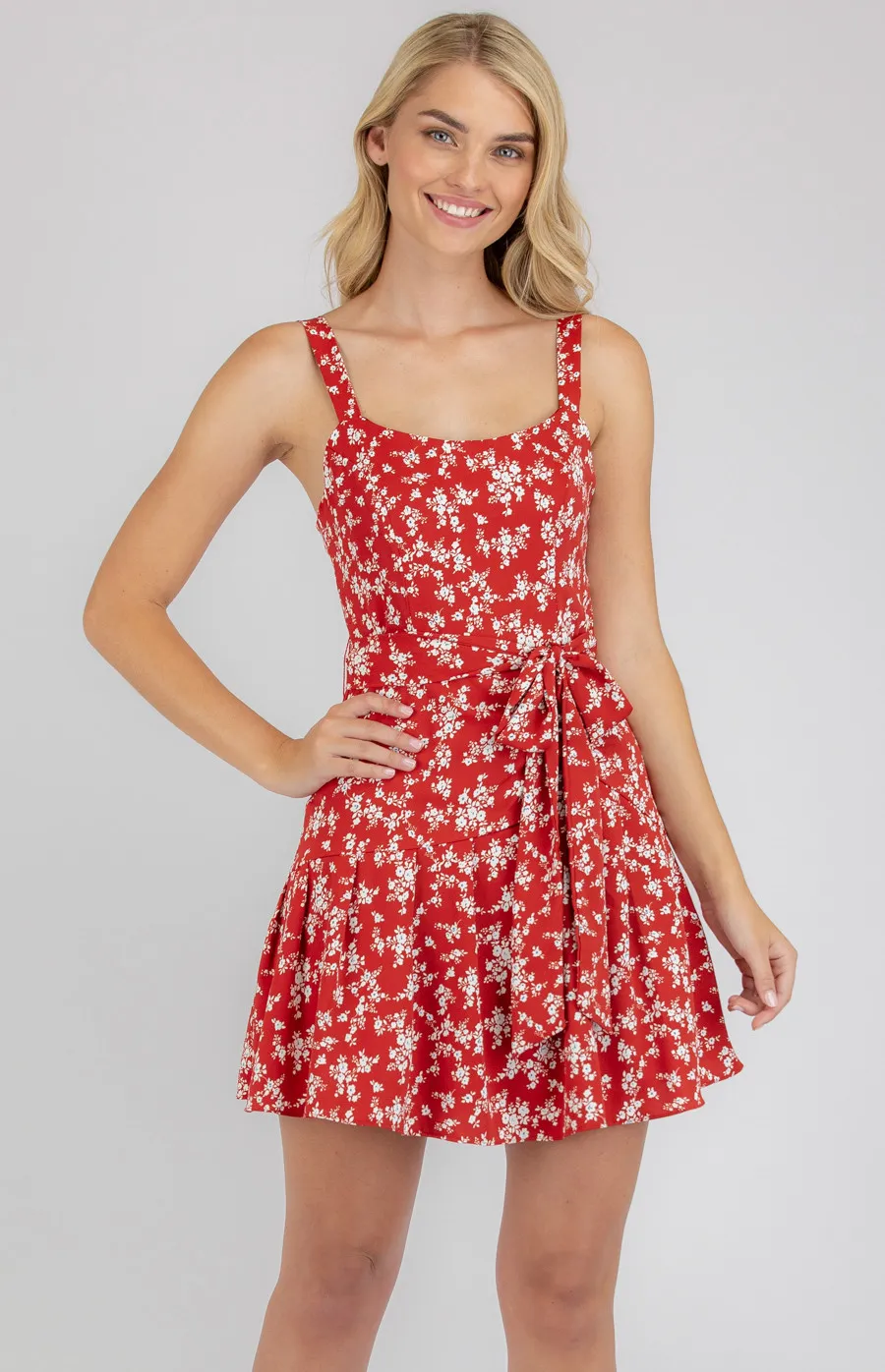 Floral Scoop Neckline Dress with Tie Waist (SDR772B)