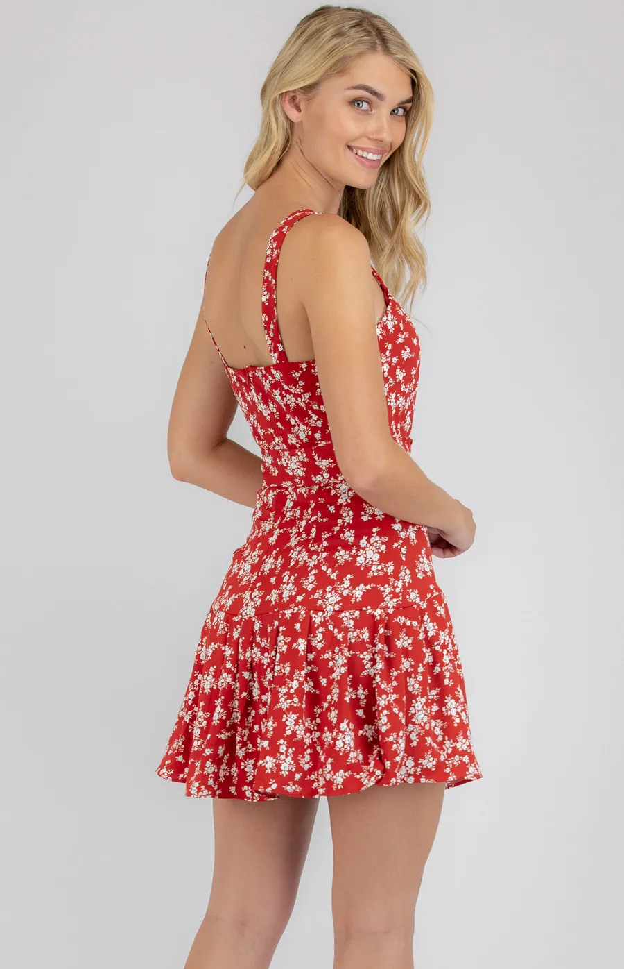 Floral Scoop Neckline Dress with Tie Waist (SDR772B)