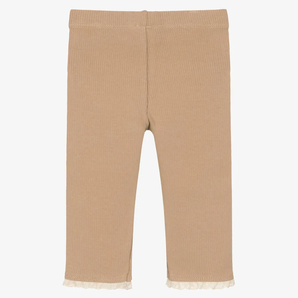 Girls Beige Ribbed Organic Cotton Leggings