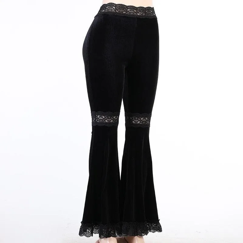 Gothic Dark High-Waist Flare Pants with Sexy Patchwork Lace - Loose Fashionable Trousers for Women