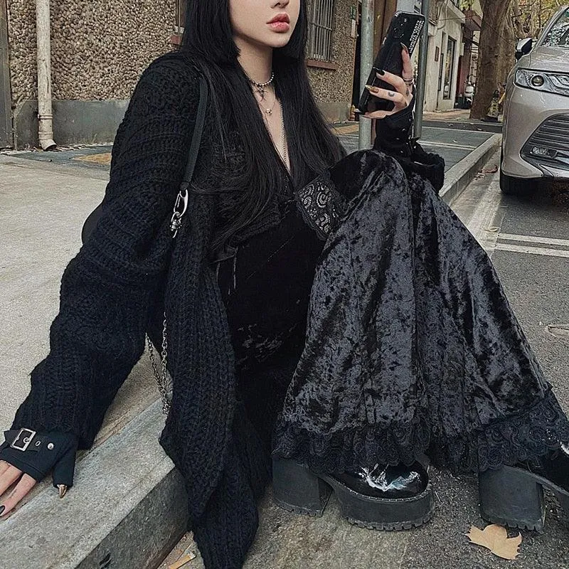 Gothic Dark High-Waist Flare Pants with Sexy Patchwork Lace - Loose Fashionable Trousers for Women