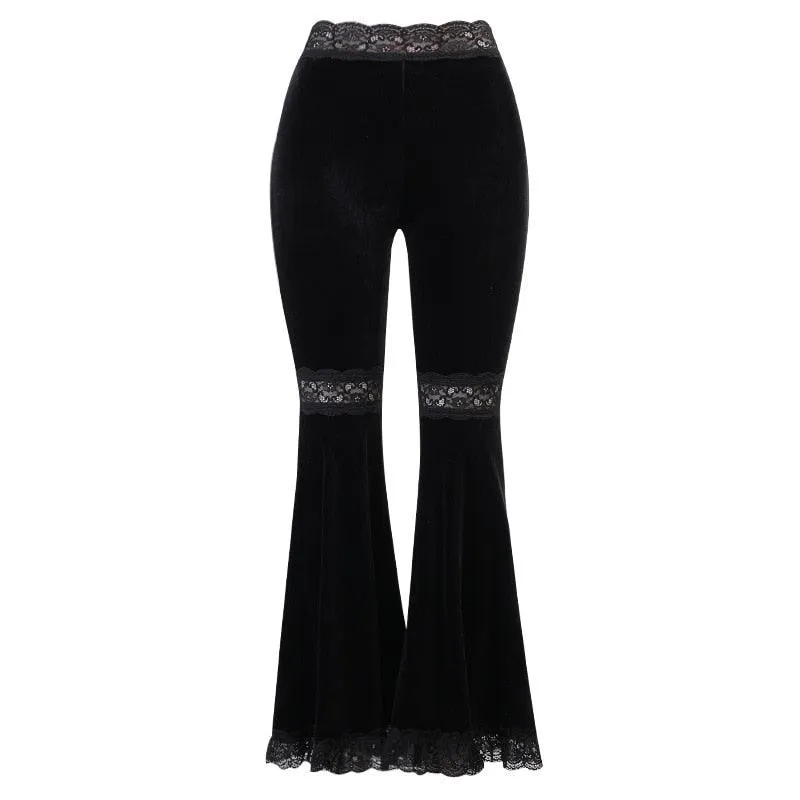 Gothic Dark High-Waist Flare Pants with Sexy Patchwork Lace - Loose Fashionable Trousers for Women