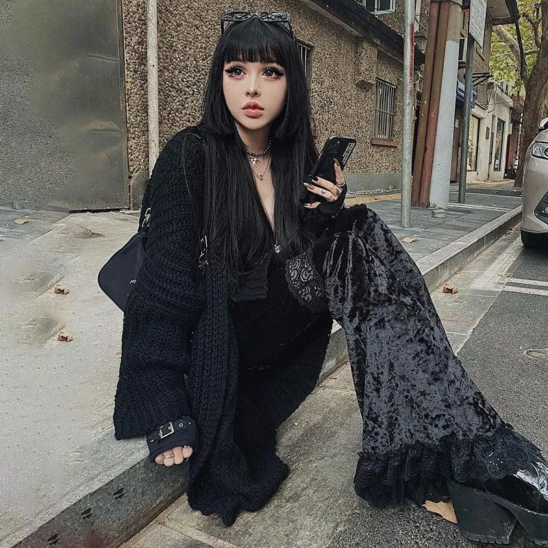 Gothic Dark High-Waist Flare Pants with Sexy Patchwork Lace - Loose Fashionable Trousers for Women