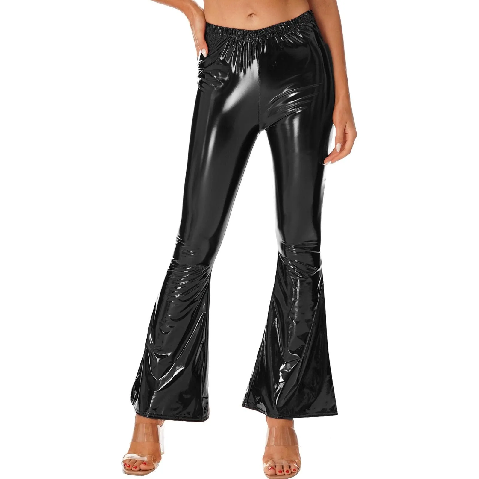 High-Waisted Flared Patent Leather Pants for Ladies