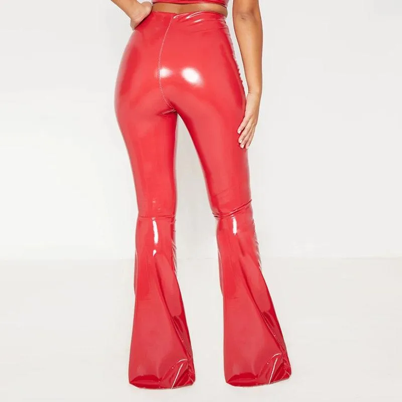 High-Waisted Flared Patent Leather Pants for Ladies