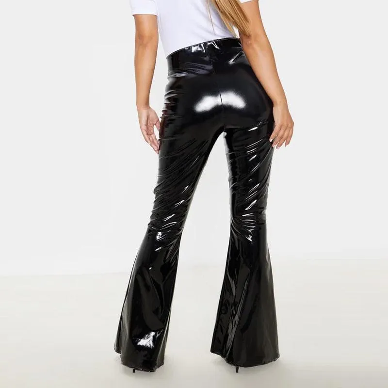 High-Waisted Flared Patent Leather Pants for Ladies