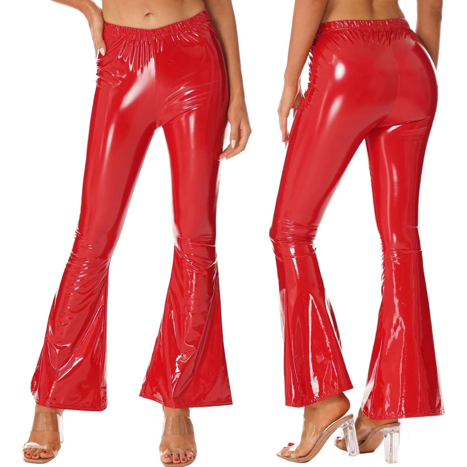 High-Waisted Flared Patent Leather Pants for Ladies