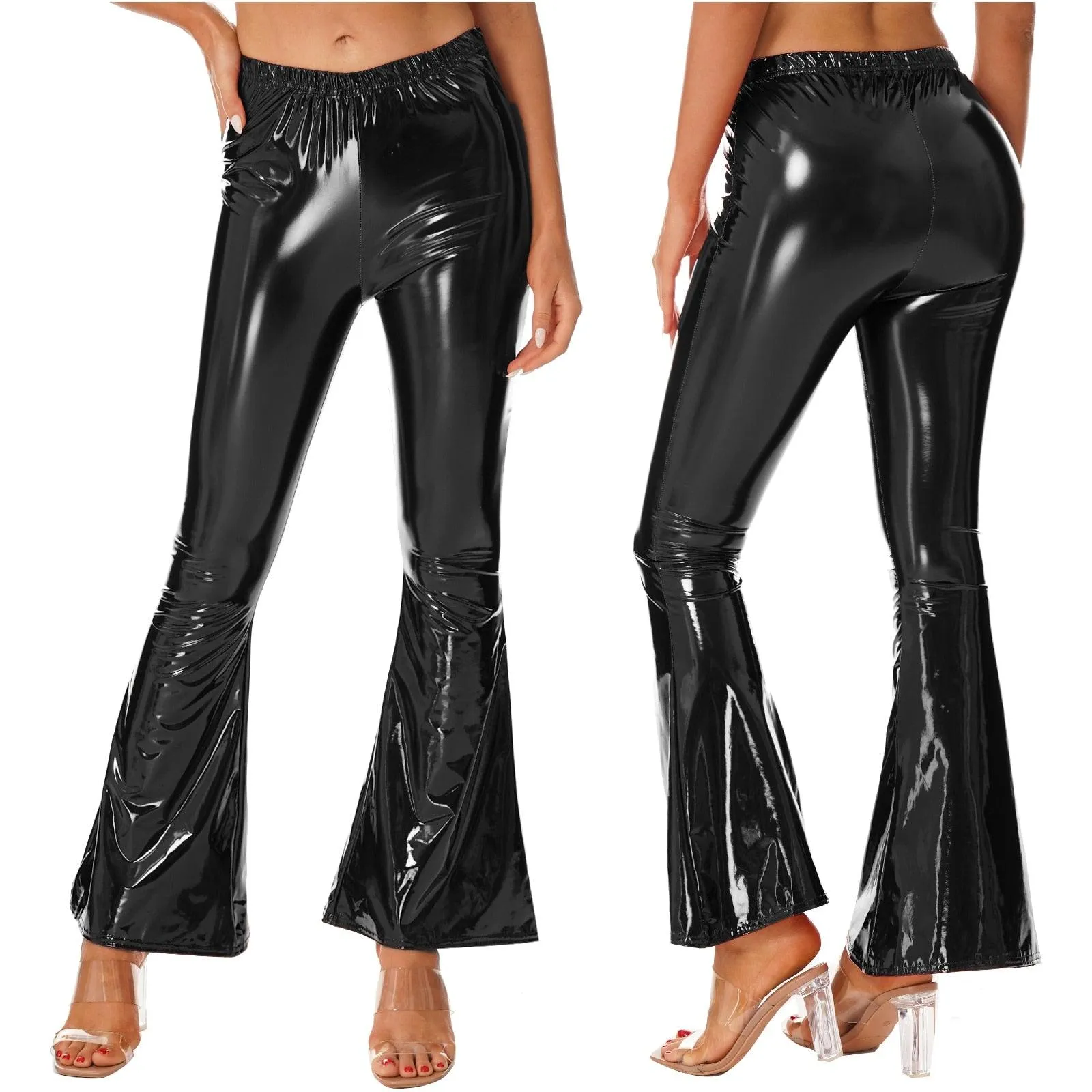 High-Waisted Flared Patent Leather Pants for Ladies