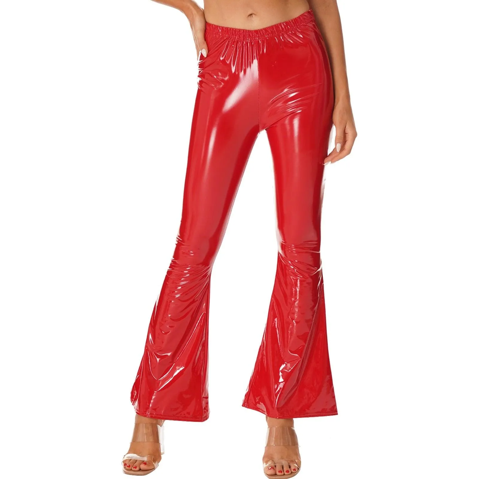 High-Waisted Flared Patent Leather Pants for Ladies